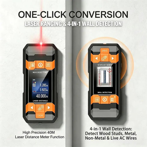 Dead On 4 In 1 Stud Finder Wall Scanner With Laser Range Finder showing laser distance and wall detection features.