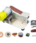 Heavy Duty Mini Electric Belt Sander Grinder Set For Benchtop Use With Polishing Wheel And Grinding Discs. Includes 10 Sanding Belts.