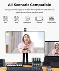 Ultra Compact 4K AI Webcam Featuring Buttery Smooth Auto Tracking And Triple Mic Array in home office setup capturing video calls.