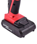 Ready For Any Rig This Badass 18V Cordless Drill And Driver Delivers Killer Torque Through Its Feather Touch Variable Speed Dial And Dependable 3/8 Inch Keyless Chuck Setup Paired With A Glowing Led Work Lamp battery close-up showing Li-Ion technology.