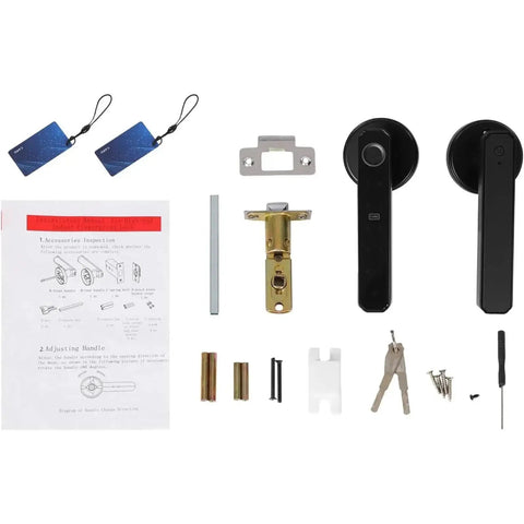 No Sweat 4 In 1 Smart Door Lock With Rapid Fingerprint Scanner Keypad Pin Ic Card Swipe And Mechanical Key Backup Solid Matte Black Lever hardware set.