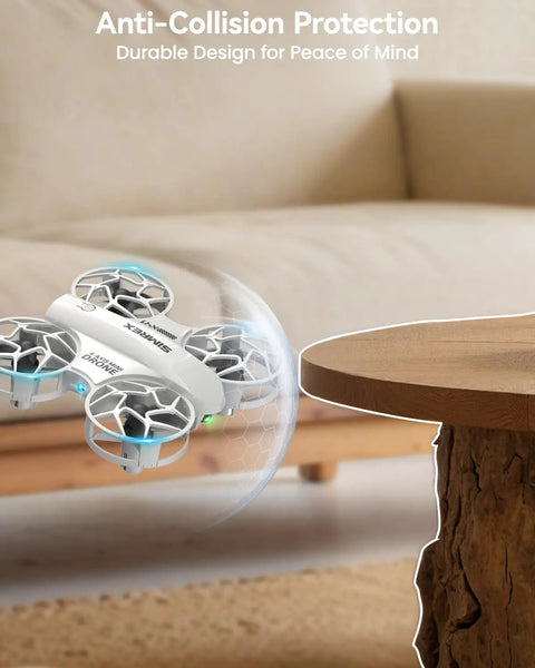 Mini Drone For Kids With 360 Degree Flips, LED Lights, And Easy Flight Features flying indoors near a table