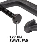Beefy Five Inch Opening C Clamp With Two And A Half Inch Throat, Two Thousand Two Hundred Fifty Lbs Clamping Force, Ductile Iron Frame, Oscillating Head, Black Oxide Coating, Classic Heavy Duty Clamp For Woodworking And Metalworking, Model 540A5 close-up of 1.25 inch diameter swivel pad and frame detail