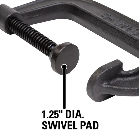 Beefy Five Inch Opening C Clamp With Two And A Half Inch Throat, Two Thousand Two Hundred Fifty Lbs Clamping Force, Ductile Iron Frame, Oscillating Head, Black Oxide Coating, Classic Heavy Duty Clamp For Woodworking And Metalworking, Model 540A5 close-up of 1.25 inch diameter swivel pad and frame detail