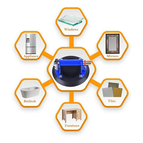Diagram showing uses for the Beefy 10 Inch Metal Vacuum Suction Cup With Metal Handle And Brass Pump, including windows, mirrors, and appliances.