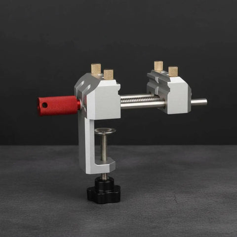 Premium Blue Aluminum Bench Vise With Sliding Screw And Brass Jaws For CNC Machining, Home Workshop Clamping, And Precise Mini Table Tool Work image showing the vise from side view.