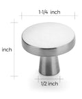 Close-up of 30 Pack Brushed Nickel Drawer Knobs 1-1/4 Inch Solid Round Cabinet Knobs For Kitchen Cupboards Dressers And Cabinets Easy Install Hardware For Drawer Handles Slick Upgrade with size measurements.