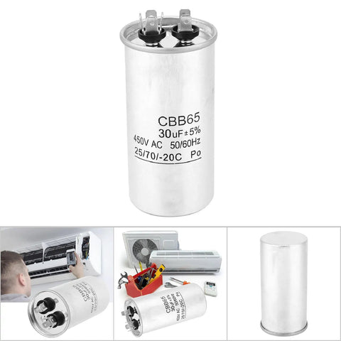30 uF 450V Homopolar Electrolytic Capacitor For Air Conditioner Compressors And Industrial Equipment Motor Drives, Heavy Duty Motor Start Cap, 30 Microfarad Electrical Motor Start Component, silver CBB65 can with terminals