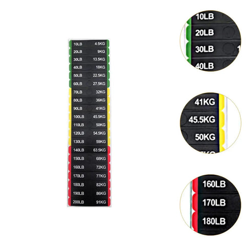 Gym Weight Stack Labels For Weight Identification On Fitness Equipment For Home Or Commercial Gyms, 10 To 200 Lb Decals, 7 Cm By 1.2 Cm, Easy Peel And Stick, Clear Organization For Workouts shown in green, yellow, and red.