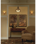 Three Light Foyer Pendant From Torino Collection In Forged Bronze Indoor Ceiling Light Fixture Dope Modern Rustic Vibe Model P3843-77 above entryway.