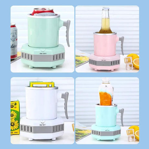 Portable Electric Mini Fridge Cooler For Desk And Ride Keeps Your Beverages Frosty On The Daily With Rapid Chill Function, displayed in various colors and uses.