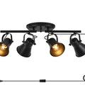 Plug In Four Light Track Lighting Fixture In Industrial Black With Long 14.7 Foot Wire, adjustable heads, front view