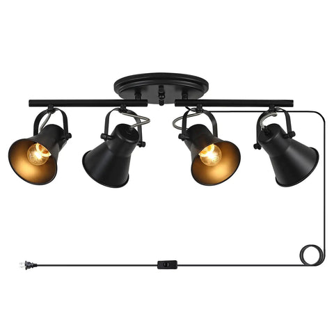 Plug In Four Light Track Lighting Fixture In Industrial Black With Long 14.7 Foot Wire, adjustable heads, front view