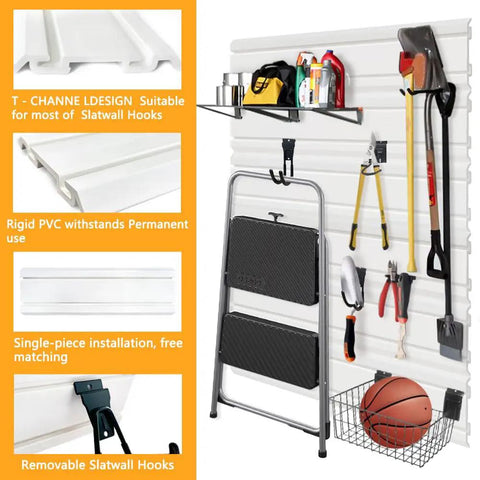 Slatwall Panel 6 By 24 Inch PVC Wall Mounted Slat Wall Rack For Garage Organization Pro Grade White Waterproof Fire Resistant Panel System with tools and accessories