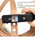 Close-up of 12mm Circle Hole Punch for ID cards and PVC badges, showing adjustable feed with punched holes in material.