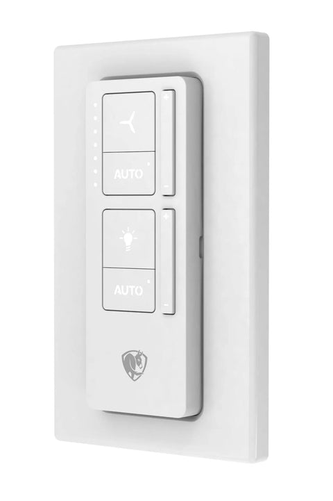 Super Fly 60 Inch Smart Outdoor Ceiling Fan With Senseme Tech And Wifi App Control wall control remote switch in white.