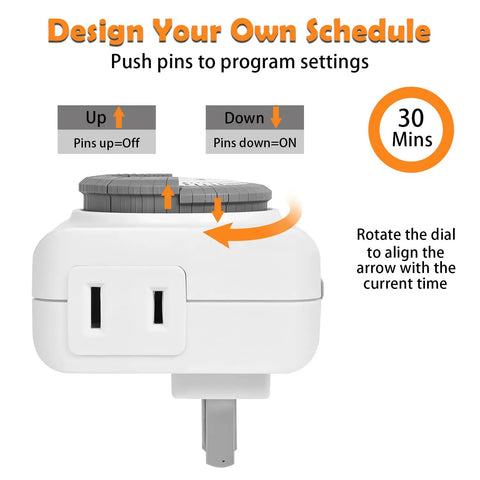 24 Hour Mechanical Outlet Timer With 30 Minute Intervals For Indoor Lights And Fans Daily Automatic Switch No Sweat Programming Plug In Time Switch For Holiday Decor 2 Pack showing programming guide and settings dial.