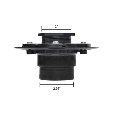 2 Inch ABS Shower Drain Base with Threaded Joints and Rubber Seals, 2.36 in diameter, shown on a white background
