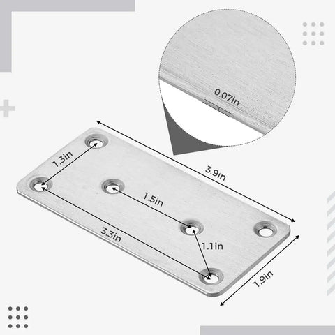 10 Pack Flat Mending Plates In 201 Stainless Steel With Screws Heavy Duty Repair Joining Brackets For Tables Chairs And Furniture 3.9 Inch By 1.9 Inch Smooth Finish Burr Free Edges Easy Fix For Loose Joints, showing dimensions and thickness detail