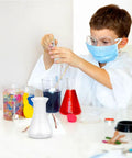 Child using 12 Pack Plastic Flask Set For Science Class, Wide Mouth Erlenmeyer Style Bottles, Triangular Cone Beakers, in lab activity