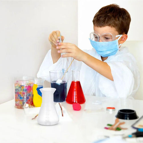 Child using 12 Pack Plastic Flask Set For Science Class, Wide Mouth Erlenmeyer Style Bottles, Triangular Cone Beakers, in lab activity