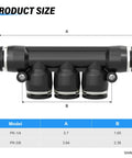 Pneumatic 1/4 Inch Tube OD Five Way Push Lock Union Cross Fittings Set size chart with product dimensions