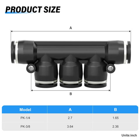 Pneumatic 1/4 Inch Tube OD Five Way Push Lock Union Cross Fittings Set size chart with product dimensions