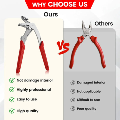 Professional Grade Dead Simple Car Clip Pliers And Panel Removal Tool for Rides, showing comparison with inferior tool, highlights quality and ease of use.