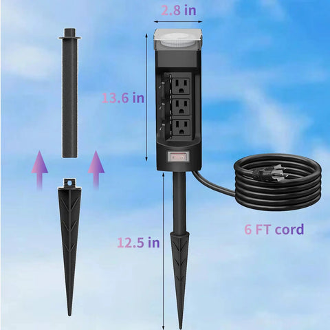 Slick 24 Hour Outdoor Stake Timer Boasts 6 Outlets And 6 Ft Extension Cord, showing dimensions and setup for outdoor use.