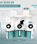 Front view of washer water inlet valve assembly for Maytag/Whirlpool; white plastic with teal solenoids