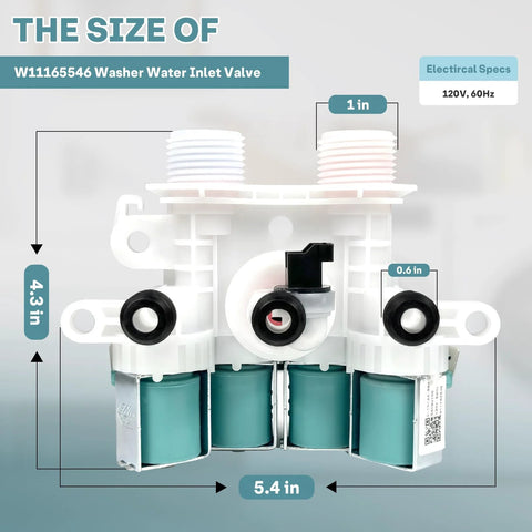 Front view of washer water inlet valve assembly for Maytag/Whirlpool; white plastic with teal solenoids