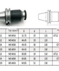 Heavy Duty Tapping Chuck With Floating Retractable BT40 Collet System For CNC Milling Machines, stainless steel design, showing dimensions and models.