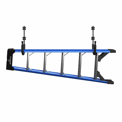 Heavy Duty Kayak Wall Mount Rack With 100 Lb Capacity installed to hold a ladder, showing powder-coated steel with foam padding.