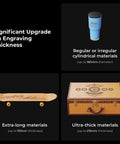 xTool P2 riser base collage; blue mug, wooden skateboard, and brown chest.