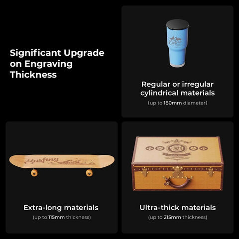 xTool P2 riser base collage; blue mug, wooden skateboard, and brown chest.