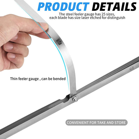 Two-piece stainless steel feeler gauge set with 25 long blades; metric and imperial markings