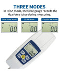 Compact Push And Pull Tester Meter For Tension And Compression Testing With Real Time Peak And First Peak Modes, Four Unit Options N Kg Lb Oz, Pro Grade Precision And High Resolution, Acceleration Setting For Accurate Measurements showing three modes display