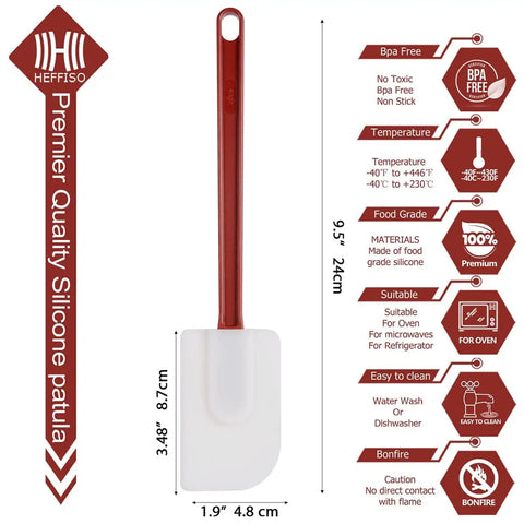 3 Pack Heat Resistant Silicone Spatulas 9.5 Inch Nonstick Safe BPA Free Pro Grade Go To Kitchen Spatulas Set For Baking And Cooking Easy Scrape Durable Nylon Handle Ergonomic with red handle and measurement details.