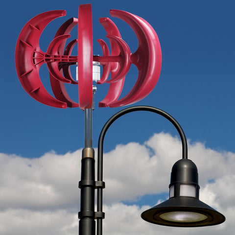 4500W Vertical Axis Wind Turbine Kit For Home Off Grid Power, 5 Blade 12V Generator, mounted on a pole beside a streetlight