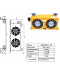 Diagram and specifications of Beefy Hydraulic Air Cooler With Sixty Liters Per Minute Flow Low Noise Plate Heat Exchanger For Hydraulic Oil Cooling One Point Eight Kilowatt Cooling Capacity Twelve Volt Operation Built For Heavy Duty Applications.