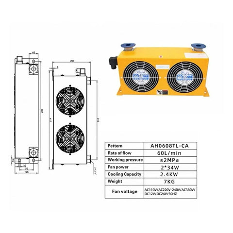 Diagram and specifications of Beefy Hydraulic Air Cooler With Sixty Liters Per Minute Flow Low Noise Plate Heat Exchanger For Hydraulic Oil Cooling One Point Eight Kilowatt Cooling Capacity Twelve Volt Operation Built For Heavy Duty Applications.