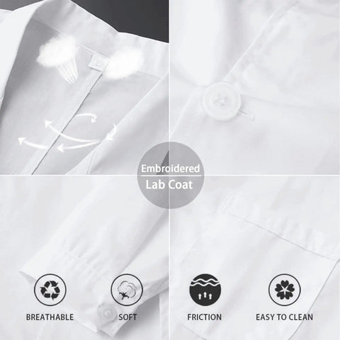 Custom Embroidered Lab Coat With Icons And Name Text, Unisex White Long Sleeve Medical Coat For Doctors Nurses Dentists, Personal Name Included, Durable 65/35 Polyester Cotton Blend, Breathable All Day Comfort And Pro Grade, Women Size Available