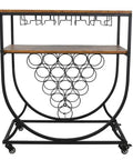 Slick Two Tier Rolling Bar Cart With Black Metal Frame And Rustic Wood Accents. Industrial serving stand with wine rack.