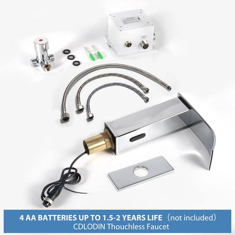 Touchless Sensor Bathroom Faucet With Infrared Motion, Hands Free Chrome Waterfall Sink Faucet For 1 Hole, Stainless Steel Lavatory Tap, Battery Powered By 4 AA Batteries, Adjustable Temperature Mixing Valve