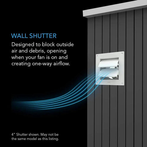 Wall Mount Duct Shutter with 6 Inch Outdoor Louver Gable Vent Hood for Home Attic Grow Tent and HVAC Systems on exterior wall.