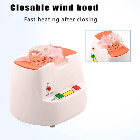 Pro Shop Ready Eyeglass Frame Heater Featuring Rock Solid Ceramic Core Quick Heat Soak And Switchable Hot Cold Air Settings With Zero Hassle Five Minute Auto Shut Off Timer in white with closeable wind hood.