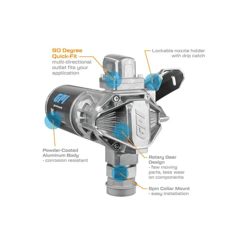 Plug And Play 20 GPM 12 Volt DC Fuel Transfer Pump Portable Diesel Gas Kerosene Rig showing 90-degree outlet and aluminum body.