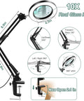 Diagram of 10X Magnifying Glass with Light and Stand, Real Glass Lens Desk Lamp with Clamp, showing dimensions and adjustment angles.