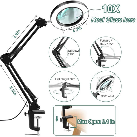 Diagram of 10X Magnifying Glass with Light and Stand, Real Glass Lens Desk Lamp with Clamp, showing dimensions and adjustment angles.