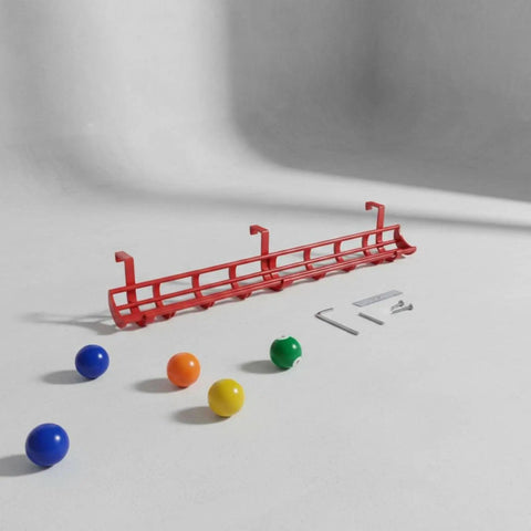 Solid Gold Billiard Ball Rack And Pool Organizer Tray Wall Mount Storage Holder with six colorful balls and mounting tools.
